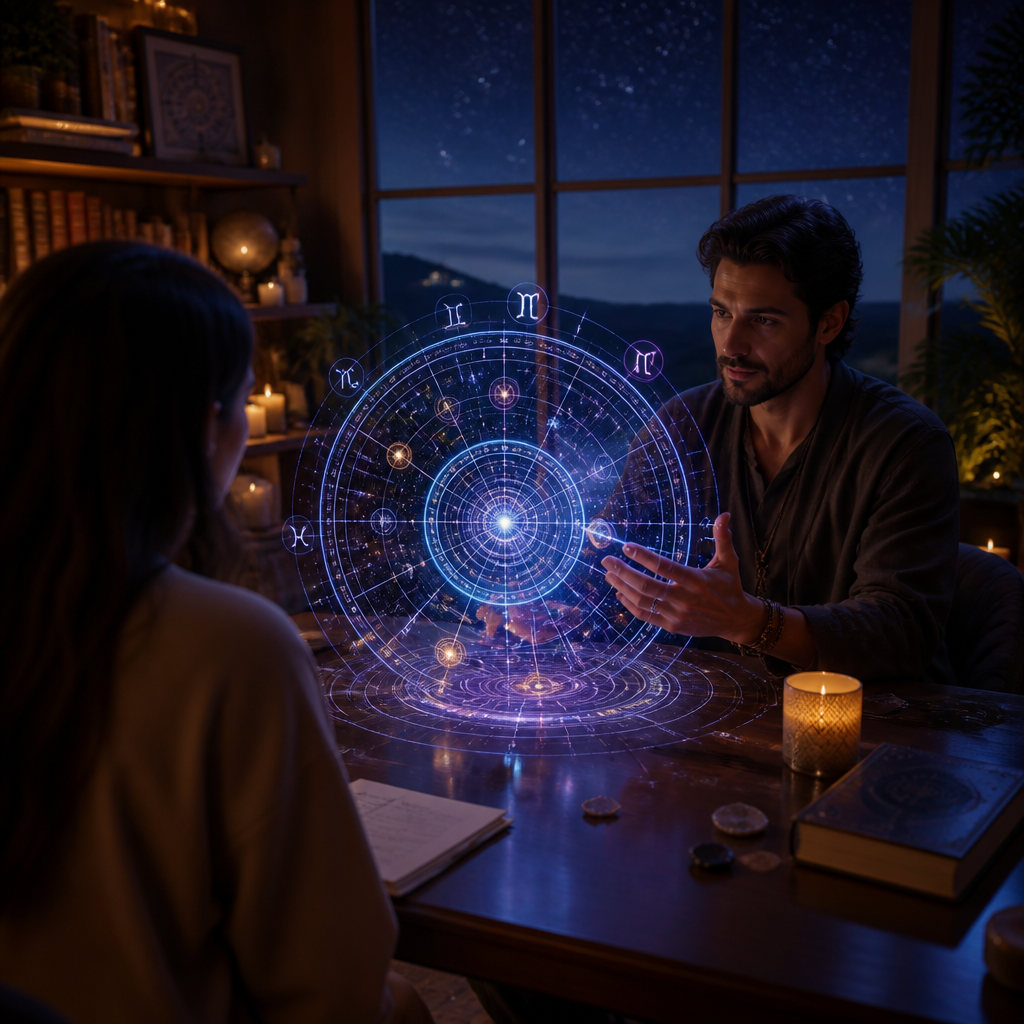 An astrologer explaining a glowing holographic birth chart to a client in a tranquil consultation room at dusk