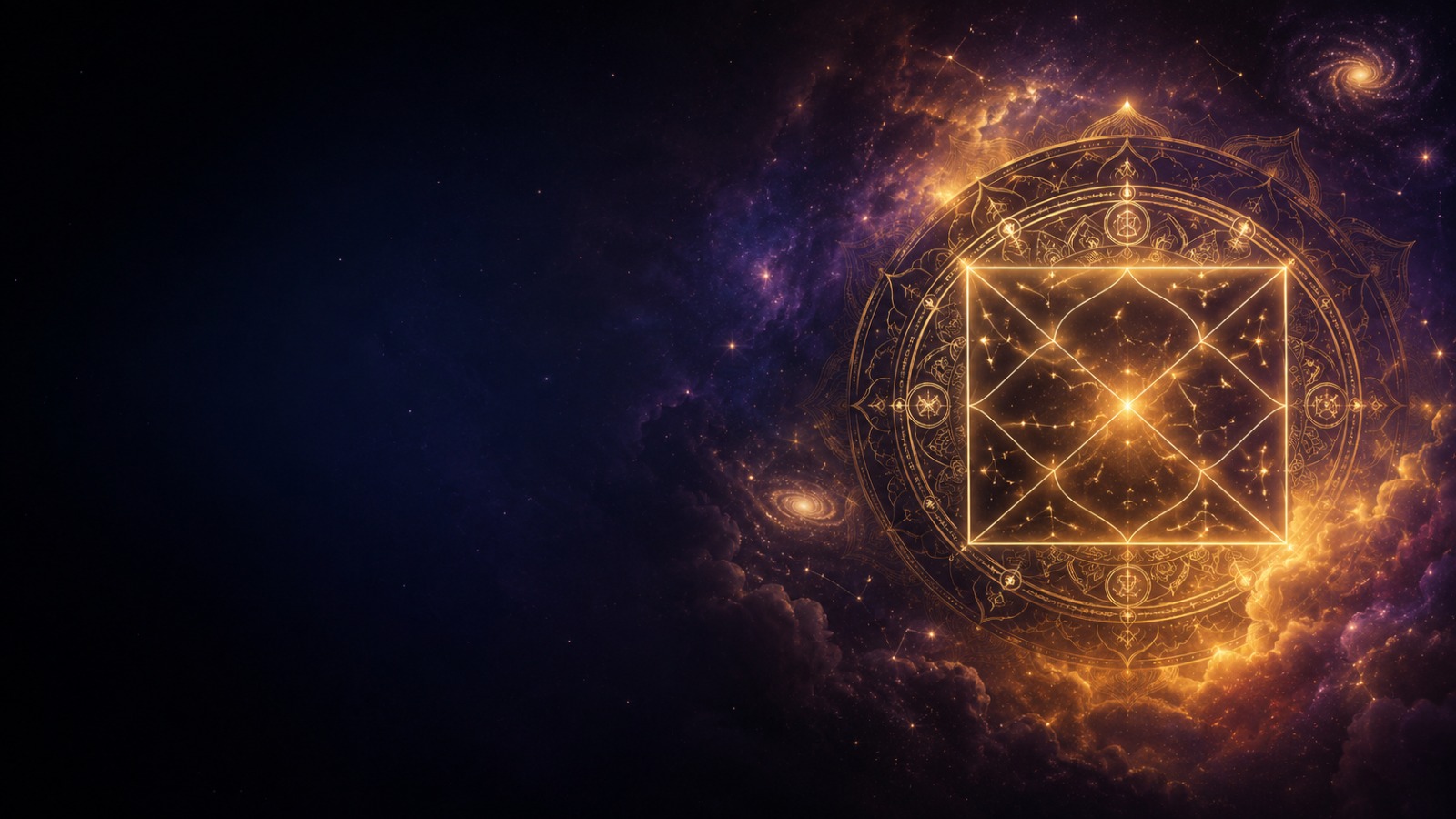 Glowing golden Vedic mandala and natal chart amid cosmic nebula clouds